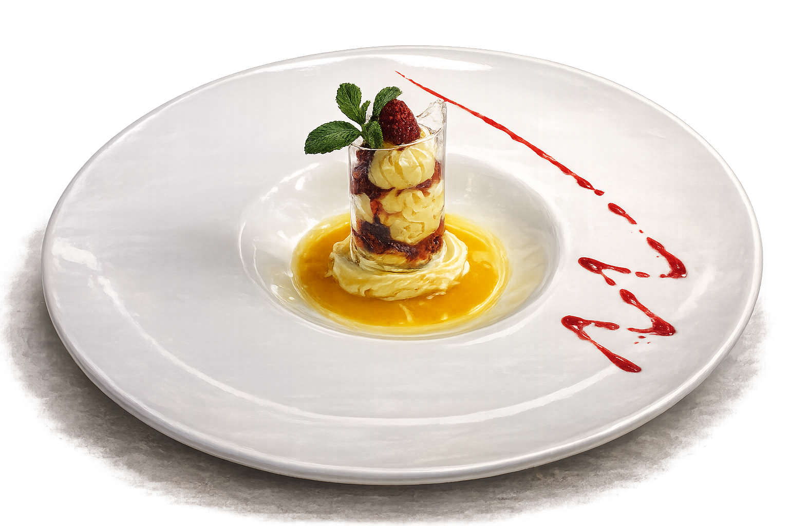 Postre de cristal con frutas y crema